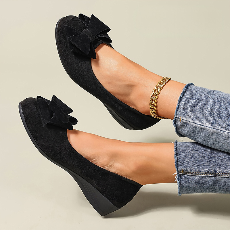 Women’s Mary Jane Shoes – Comfortable Wedge Flats with Bow Detail