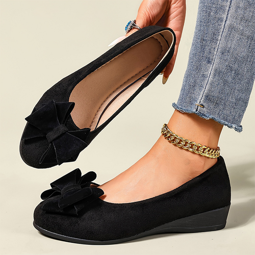 Women’s Mary Jane Shoes – Comfortable Wedge Flats with Bow Detail