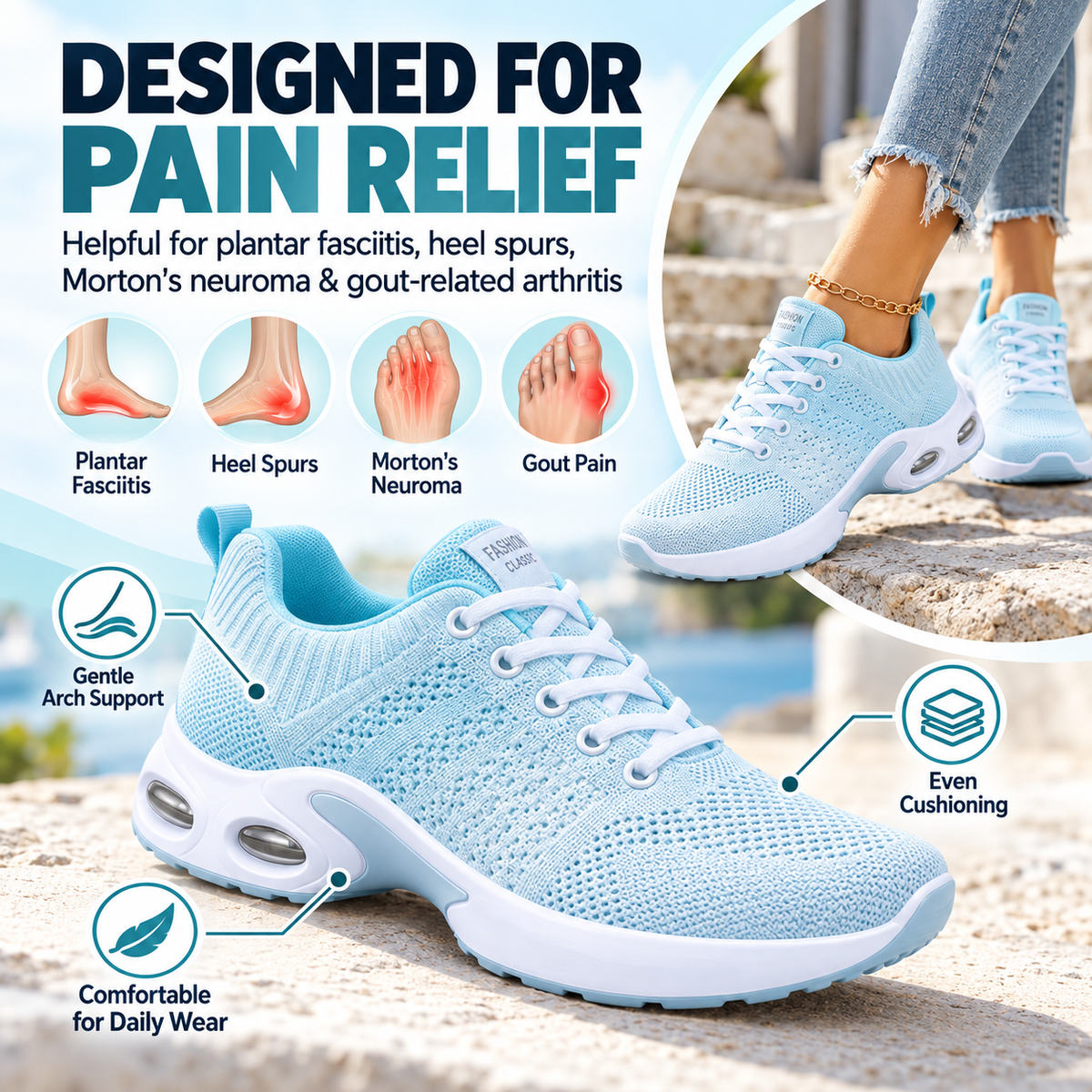 Orthopedic Pain-Relief Walking Shoes – Comfort for Plantar Fasciitis & Heel Pain